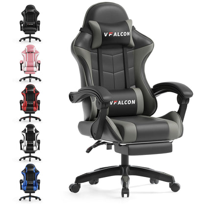 Vfalcon XTREME gaming chair in grey with ergonomic design, reclining feature, footrest, 360° swivel, and adjustable height.