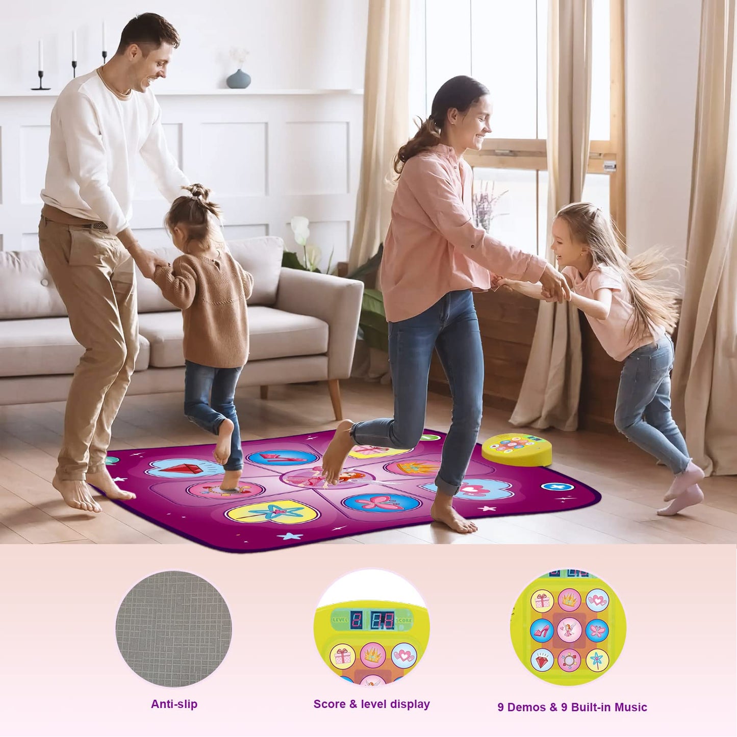 Rodzon dance mat toy for girls with LED lights, music, adjustable volume, and 3 game modes, suitable for kids ages 3 to 9.