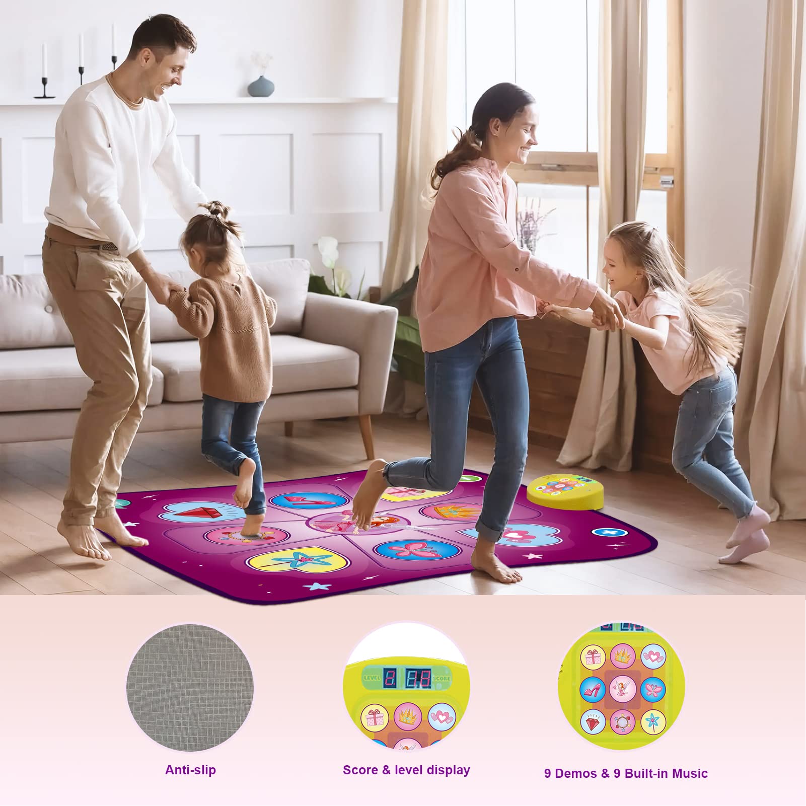 Rodzon dance mat toy for girls with LED lights, music, adjustable volume, and 3 game modes, suitable for kids ages 3 to 9.