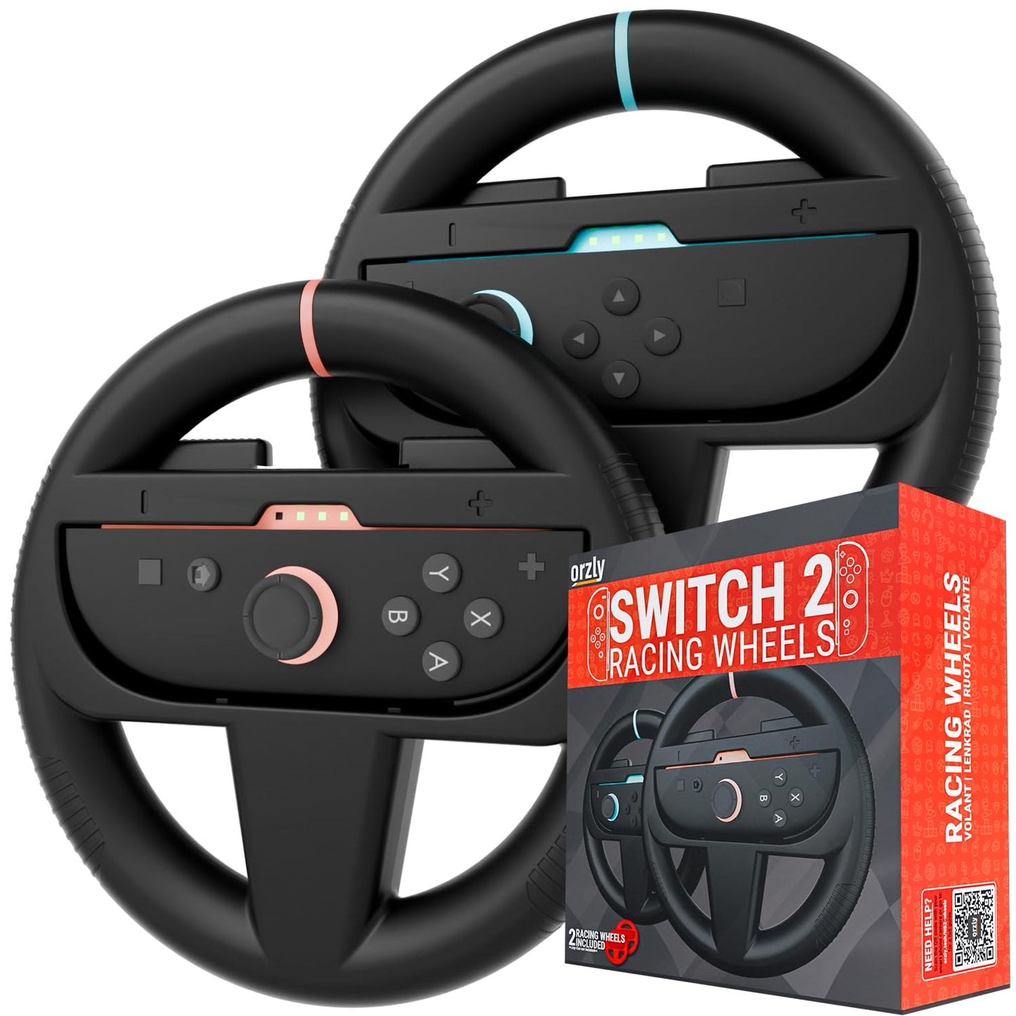 Orzly twin pack of black Nintendo Switch racing steering wheels compatible with Joy-Con controllers for kart racing games.