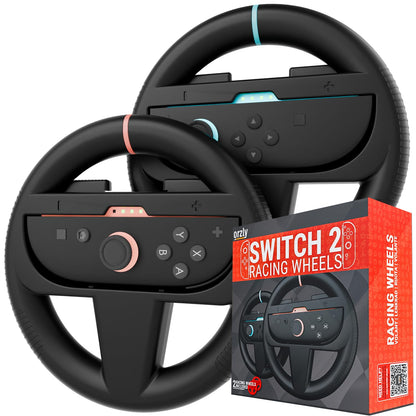 Orzly twin pack of black Nintendo Switch racing steering wheels compatible with Joy-Con controllers for kart racing games.