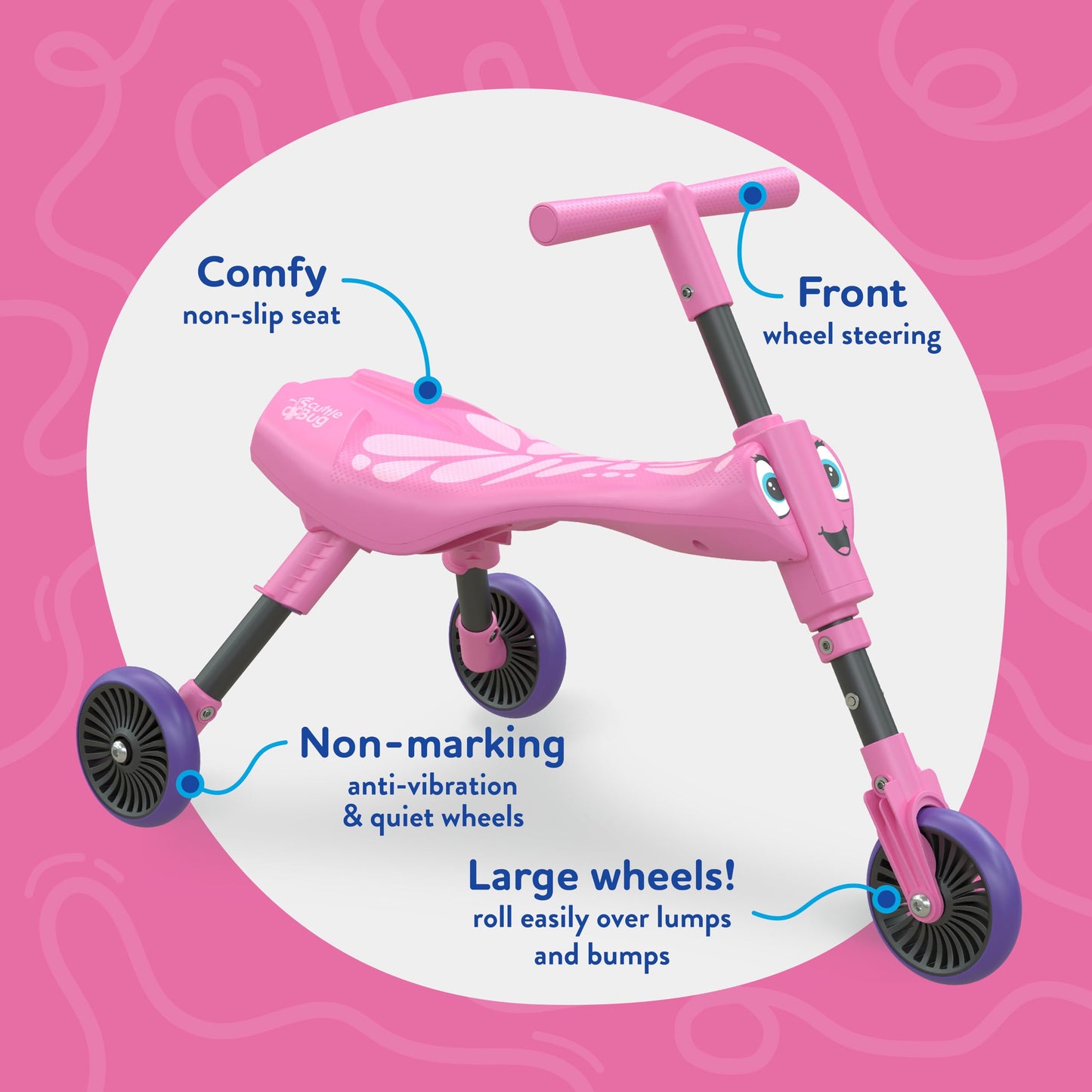 Scuttlebug 3-Wheel Foldable Ride-On Tricycle for 1+ Year Old Boys and Girls, Butterfly Trike, Antennae Handlebar, Develop Your Toddler’s Balance and Motor Skills, Fun with No Surface Scratches