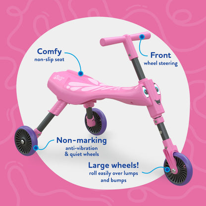 Scuttlebug 3-Wheel Foldable Ride-On Tricycle for 1+ Year Old Boys and Girls, Butterfly Trike, Antennae Handlebar, Develop Your Toddler’s Balance and Motor Skills, Fun with No Surface Scratches