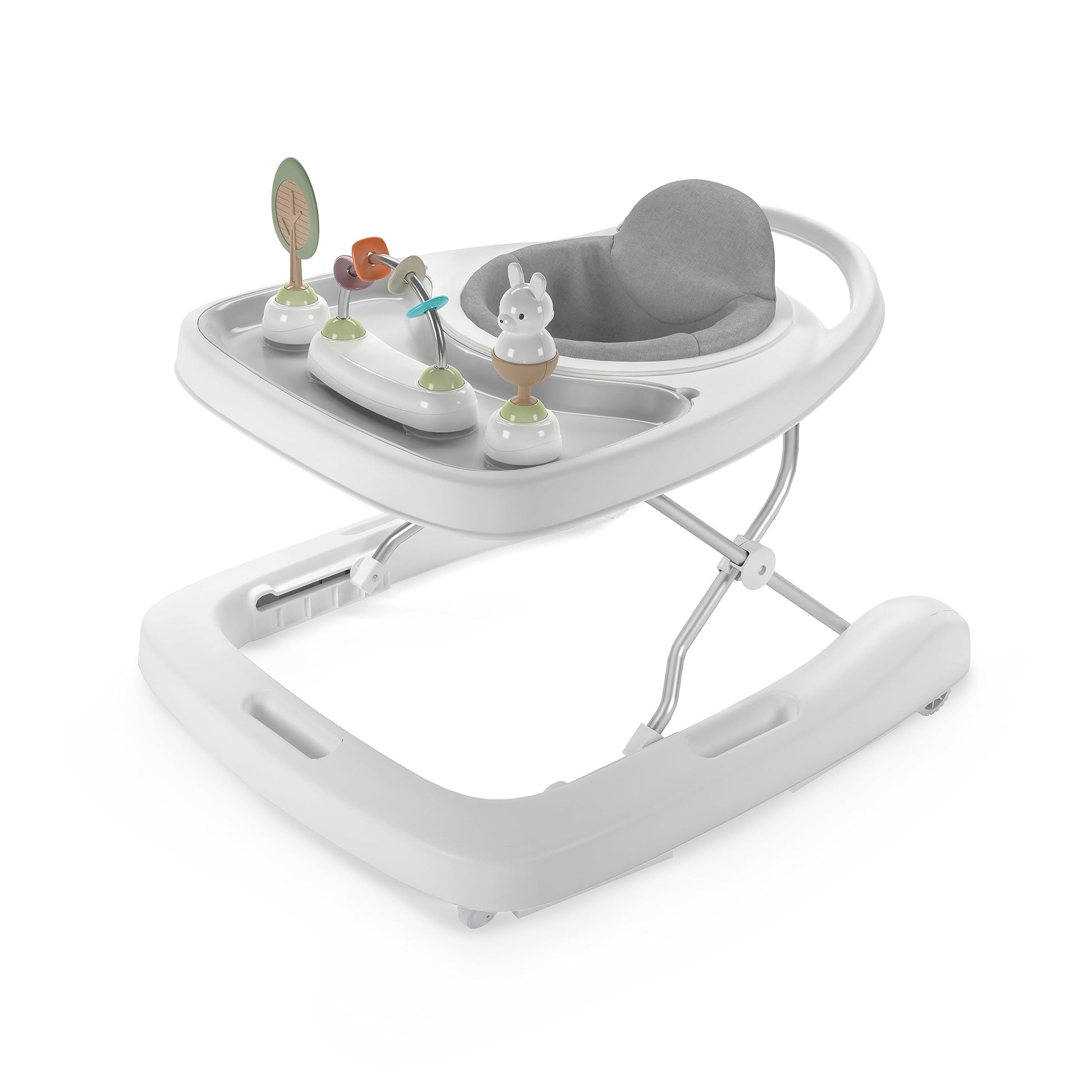 Multicolored Ingenuity Spring & Sprout First Forest baby activity walker with 3 removable nature-inspired toys and adjustable height.