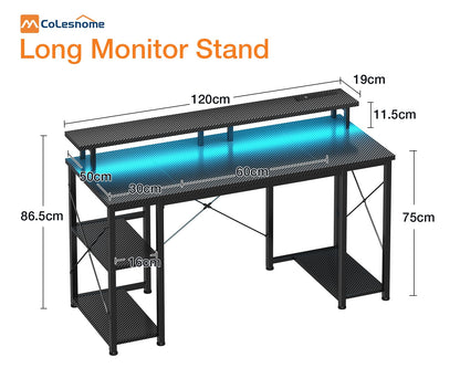 Coleshome Gaming Desk with LED Lights, 120x50 cm Computer desk with Power Outlets, Gaming PC Table with Monitor Stand, Storage Shelves, CPU Stand, Carbon Fiber Black