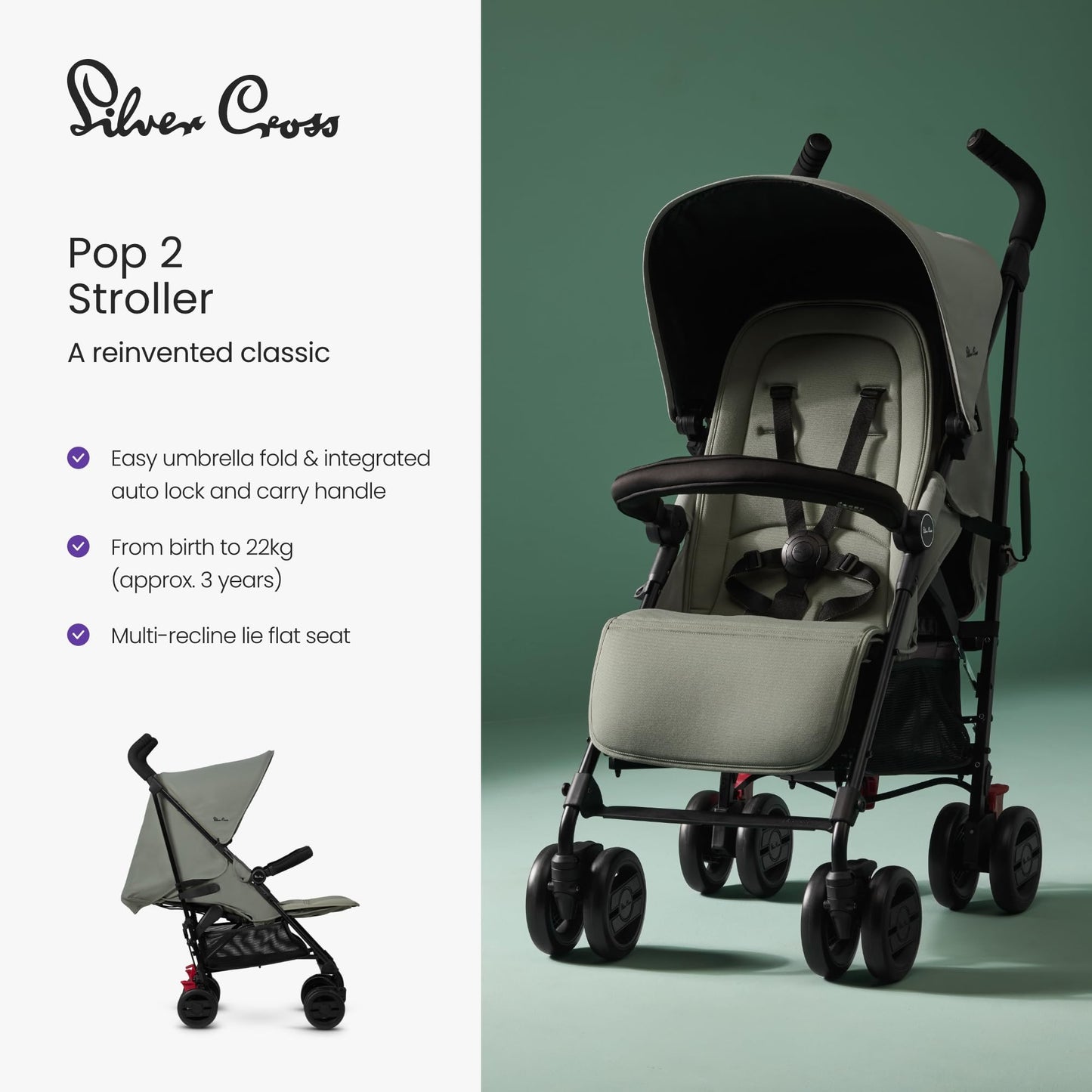Silver Cross - Pop 2 Pushchair - Foldable Travel Stroller - Buggy - Adjustable/Lie Flat Seat - Newborn to 4 Years - Sage