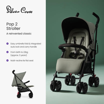 Silver Cross - Pop 2 Pushchair - Foldable Travel Stroller - Buggy - Adjustable/Lie Flat Seat - Newborn to 4 Years - Sage