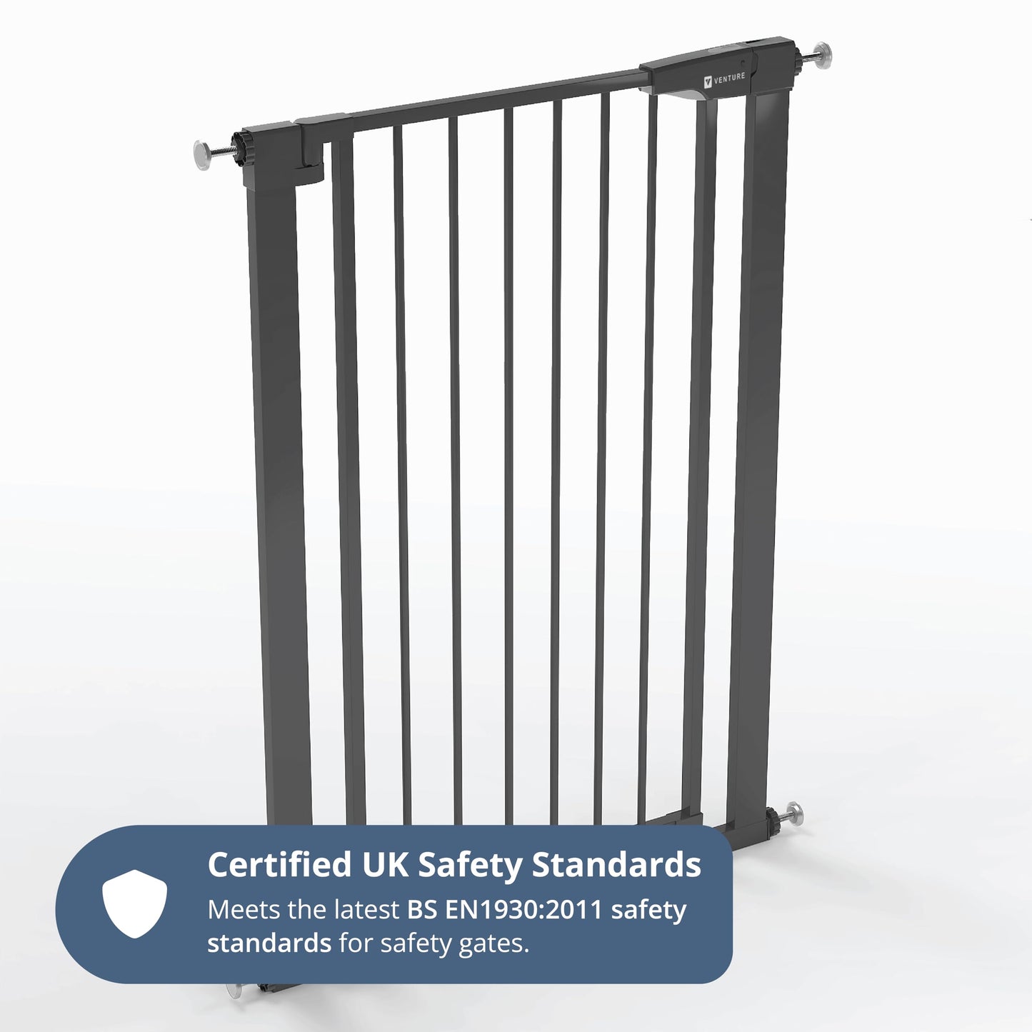 Venture Q-Fix 110cm tall baby stair gate in black, pressure-fit with auto-close and two-way opening for stairs and doorways.
