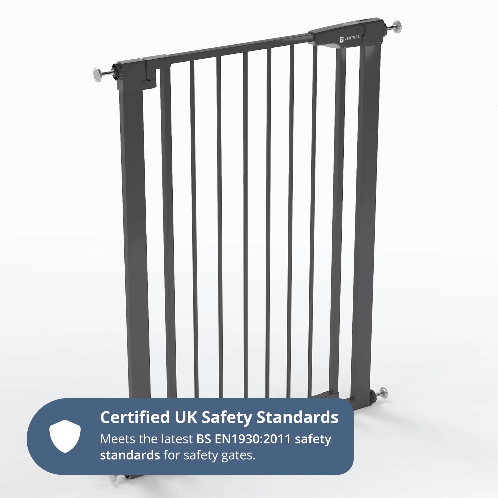 Venture Q-Fix 110cm tall baby stair gate in black, pressure-fit with auto-close and two-way opening for stairs and doorways.