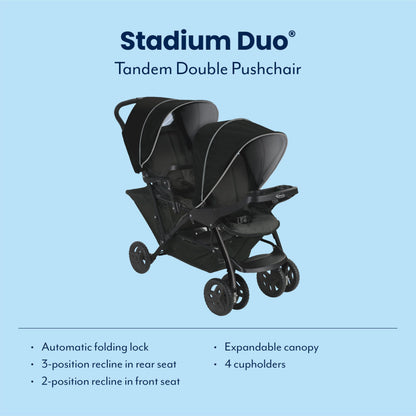 Graco Stadium Duo Tandem Double Pushchair - Suitable from birth to approx. 3 years (15kgs). Car Seat Compatible with SnugEssentials iSize infant car seat, Black/Grey fashion
