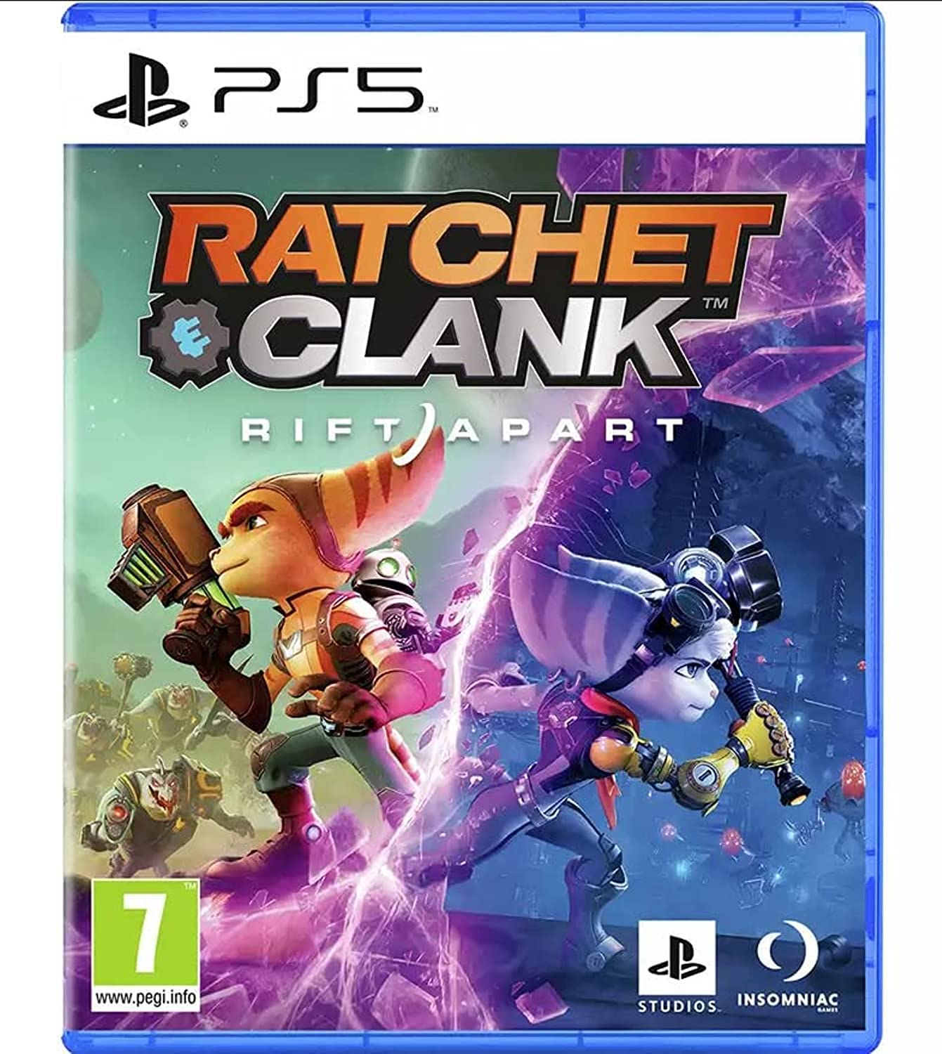 PlayStation Ratchet & Clank: Rift Apart PS5 game cover art with colorful characters and futuristic background.