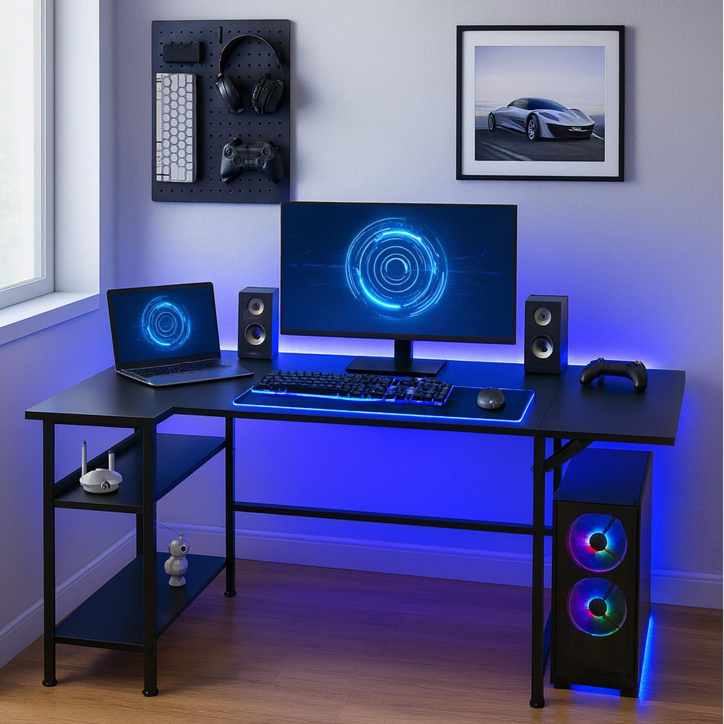 LEVSON L-Shaped Gaming Desk 150×80 cm, Carbon Fibre Computer Table with LED Lights, Power Outlets & USB Ports, Foldable & Extendable Design from 120cm to 150cm, Black Corner Desk for Home Office