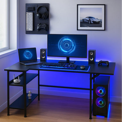 LEVSON L-Shaped Gaming Desk 150×80 cm, Carbon Fibre Computer Table with LED Lights, Power Outlets & USB Ports, Foldable & Extendable Design from 120cm to 150cm, Black Corner Desk for Home Office
