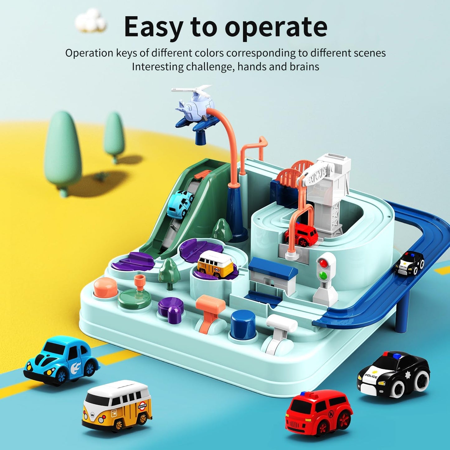 TODARRUN Car Adventure Toy, City Rescue Preschool Educational Toy Vehicle Parent-Child Interactive Racing Kids Toy, Toddler Car Toys for 3 4 5 6 7 8 Year Old Car Track Gifts for Kids