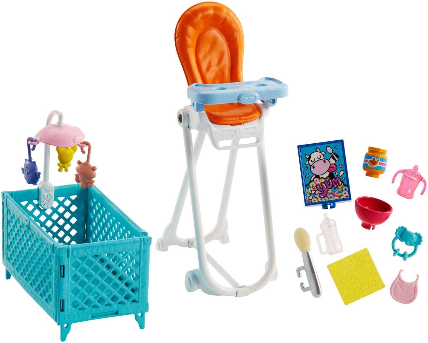 Barbie FHY98 brunette babysitter doll with baby, highchair playset, and colorful accessories in a playful scene.
