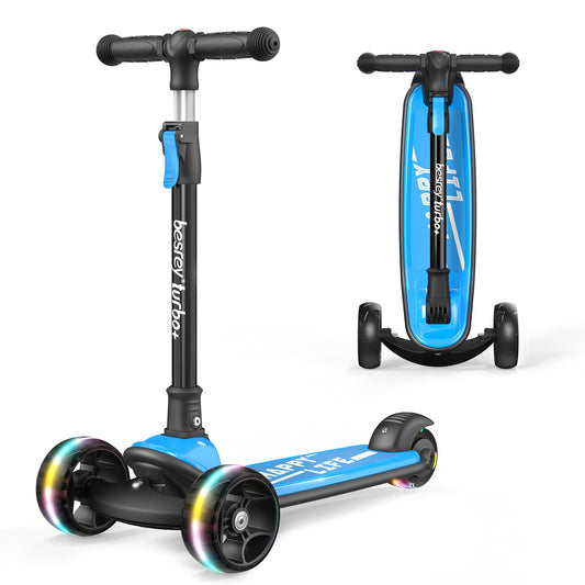 besrey kids scooter with big wheels, flashing LED lights, adjustable height, three wheels, foldable design for children ages 3-10.