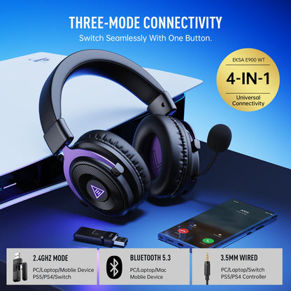 EKSA E900WT wireless gaming headset with microphone, noise canceling, 80H battery, USB, Bluetooth, and all-day comfort for PC and consoles.