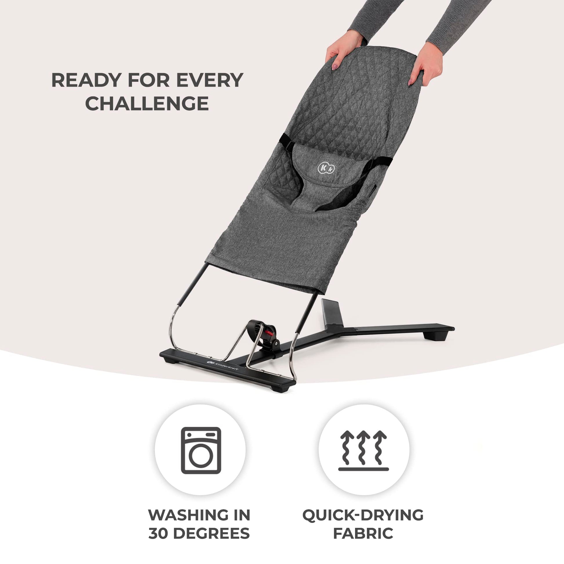 Kinderkraft Mimi baby bouncer chair with soft gray fabric, adjustable seat, toy bar, and non-slip elements for newborns 0-9 kg.