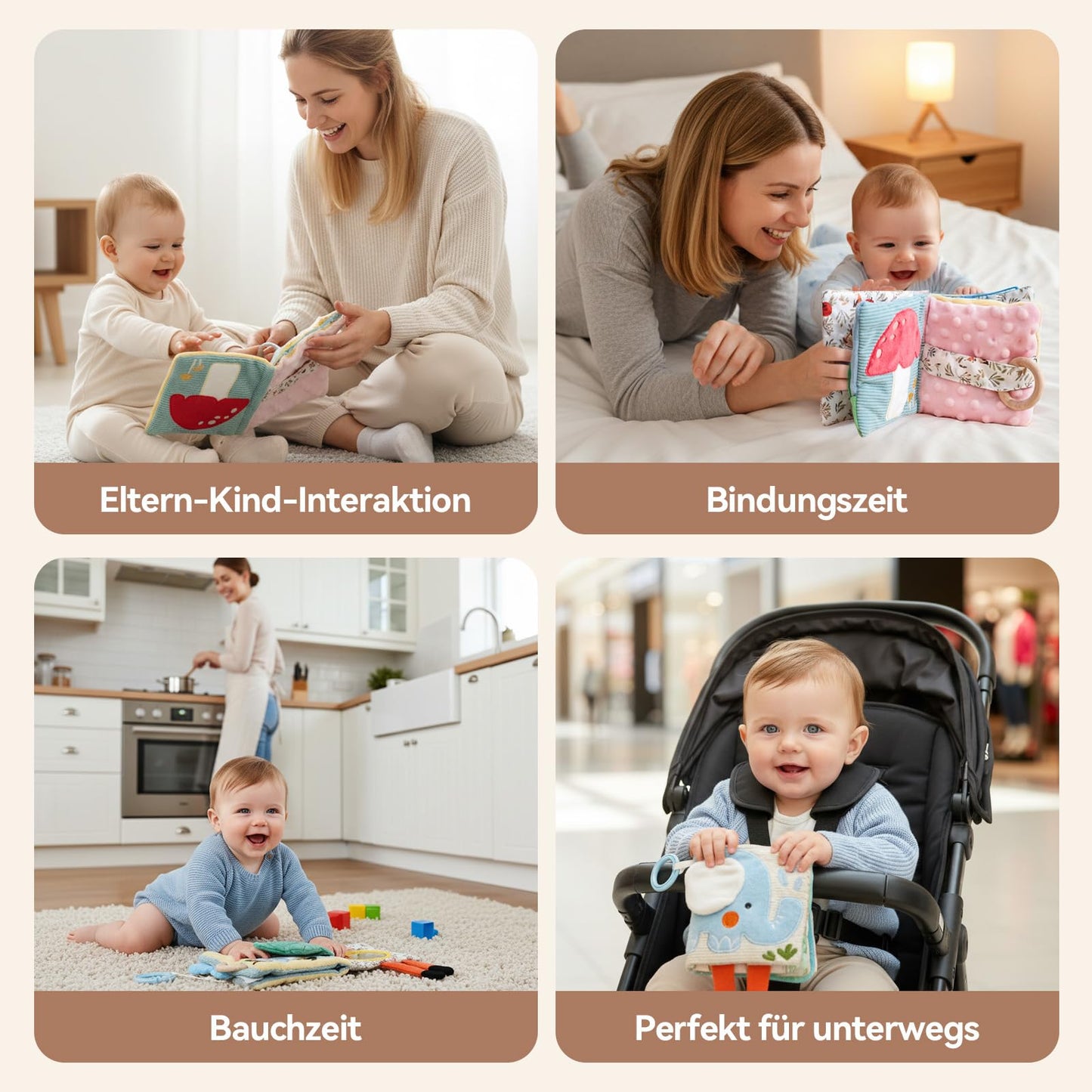 WOODEN TEETHER Baby Soft Books 0-6 Months, Touch and Feel Crinkle Cloth Activity Books - Sensory Books Toy with Mirror for Newborns 0 3 6 12 Months, Car Seat Gifts for Infants Girls Boys