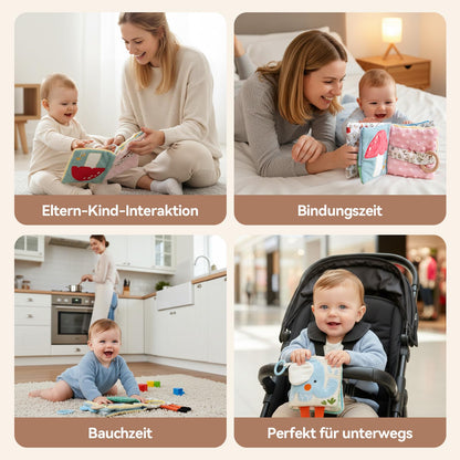 WOODEN TEETHER Baby Soft Books 0-6 Months, Touch and Feel Crinkle Cloth Activity Books - Sensory Books Toy with Mirror for Newborns 0 3 6 12 Months, Car Seat Gifts for Infants Girls Boys
