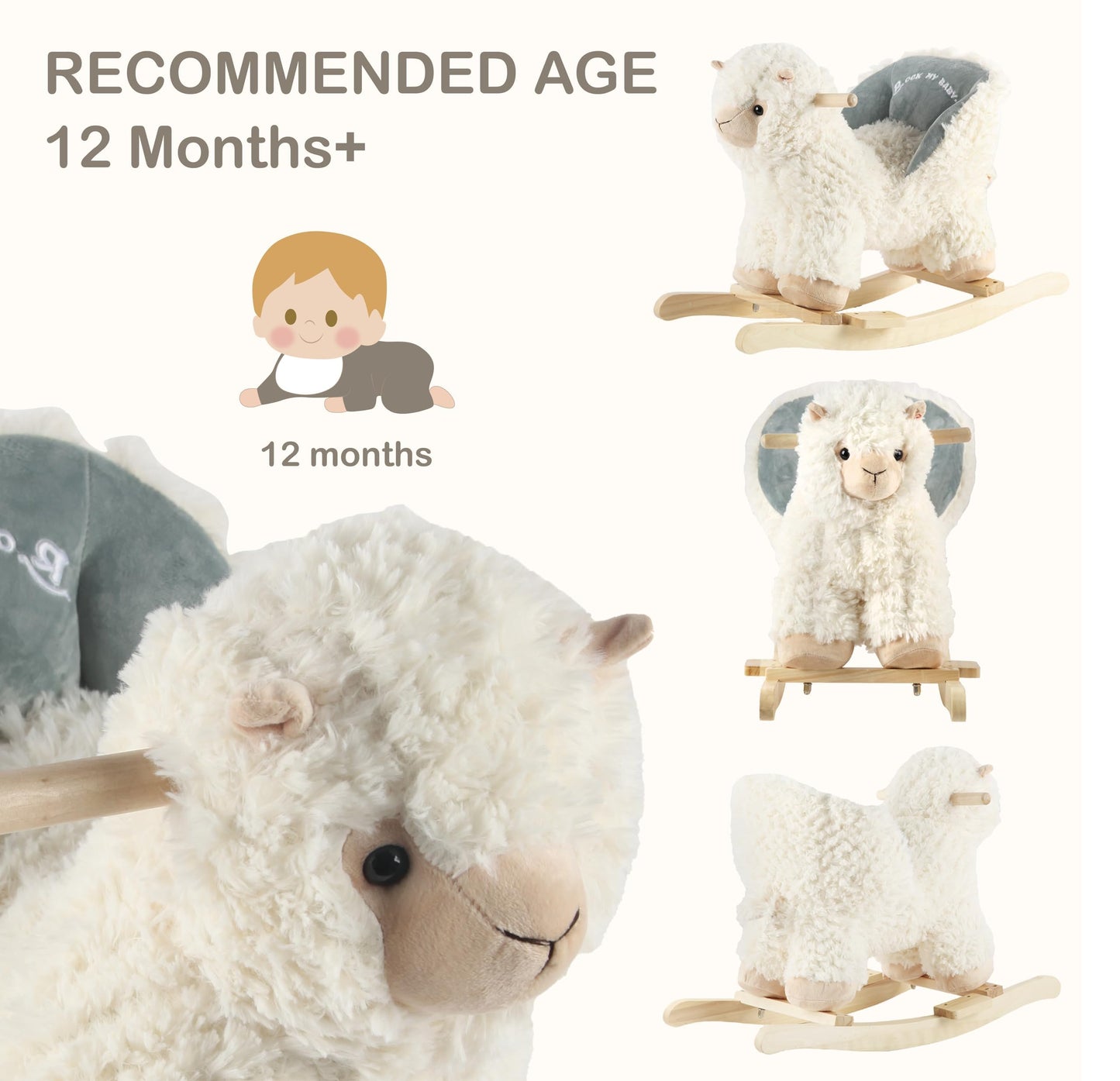 Rock My Baby Plush Rocking Horse - Soft Stuffed Body,Safety Seat Chair, Wooden Rockers, Music Button – Toddler Ride-On Toy for Ages 1–3(beige)