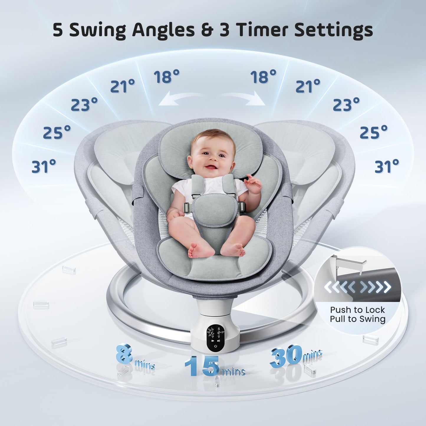 Aoykkii Electric Baby Bouncer Chair with Mobile App Control,Remote Control and IMD Touch Panel,Electric Baby Swing with 5 Swing Amplitudes 3-Stage Timer,Soft Padded Lamb Newborn Bouncer (Grey)