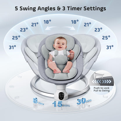 Aoykkii Electric Baby Bouncer Chair with Mobile App Control,Remote Control and IMD Touch Panel,Electric Baby Swing with 5 Swing Amplitudes 3-Stage Timer,Soft Padded Lamb Newborn Bouncer (Grey)