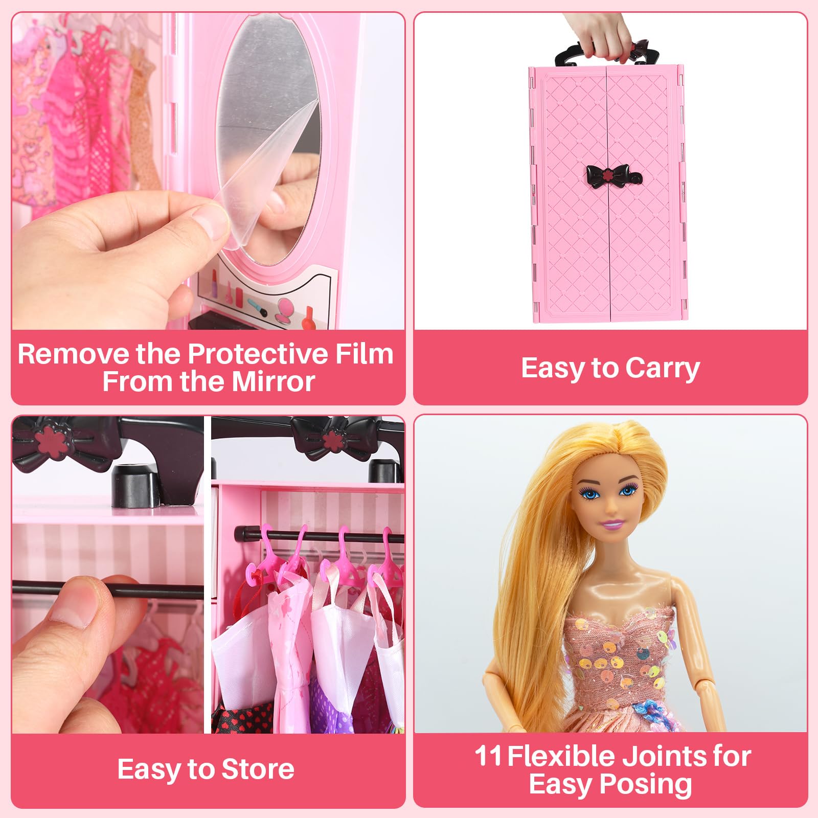 Yutoy dolls wardrobe set with pink closet, dresses, shoes, bags, and accessories for 11.5-inch fashion dolls.