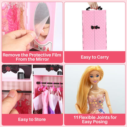 Yutoy dolls wardrobe set with pink closet, dresses, shoes, bags, and accessories for 11.5-inch fashion dolls.