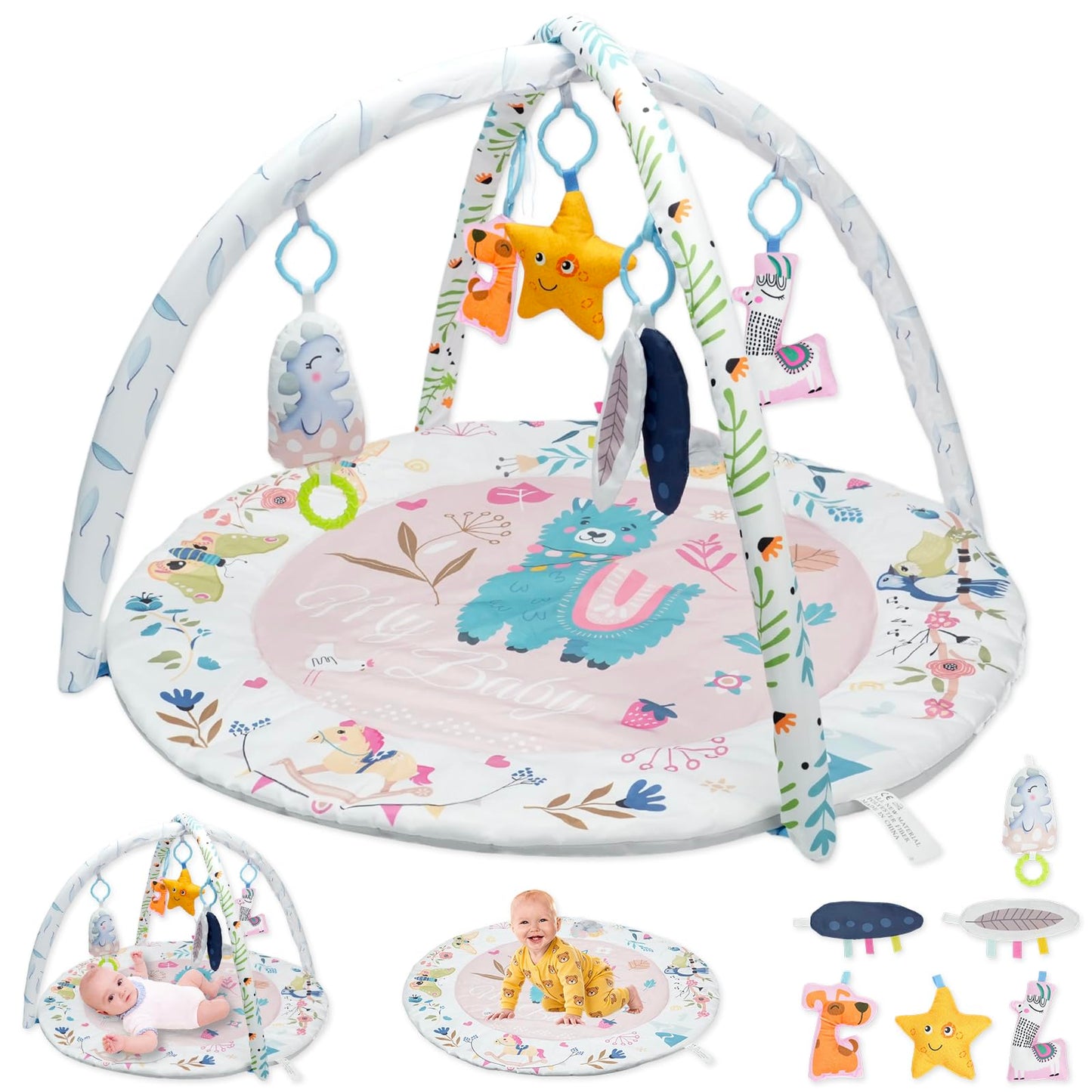 MFSLOVE Baby Play Mat and Activity Gym, Colorful Animal Design with 5 Hanging Toys, Interactive Floor Mat for Infants, Round Padded Playmat for 0-12 Months(Llama)
