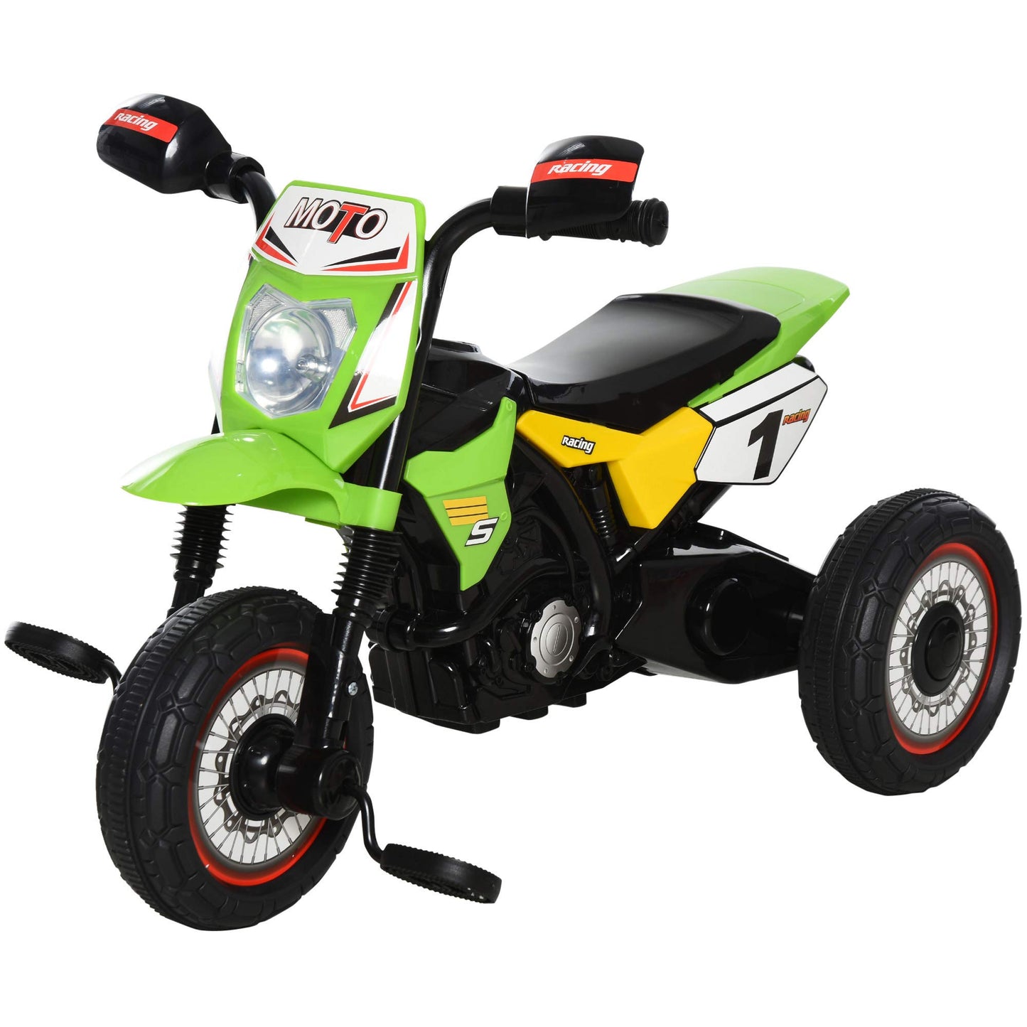 HOMCOM green trike for kids, featuring pedals, lights, music, and stickers, designed for toddlers aged 18-36 months.