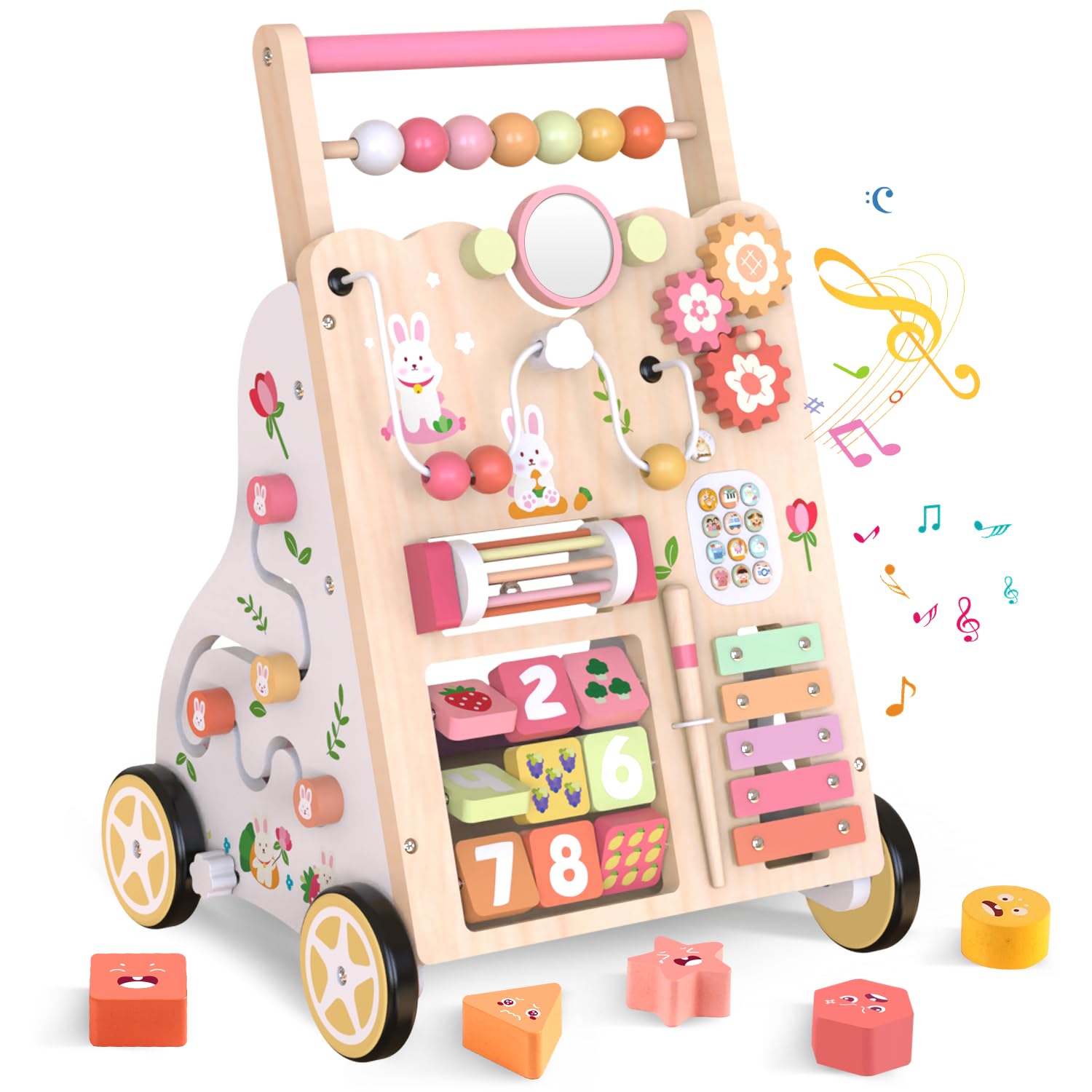 Wooden baby push walker with wheels, Montessori activity center for toddlers, adjustable height and speed, Bunny design by Weilim.