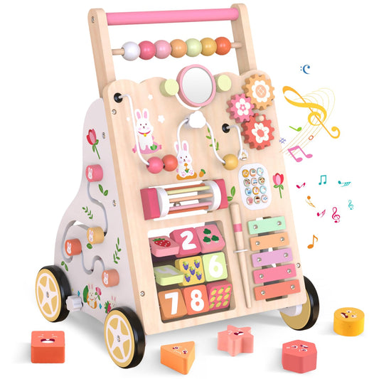 Wooden baby push walker with wheels, Montessori activity center for toddlers, adjustable height and speed, Bunny design by Weilim.