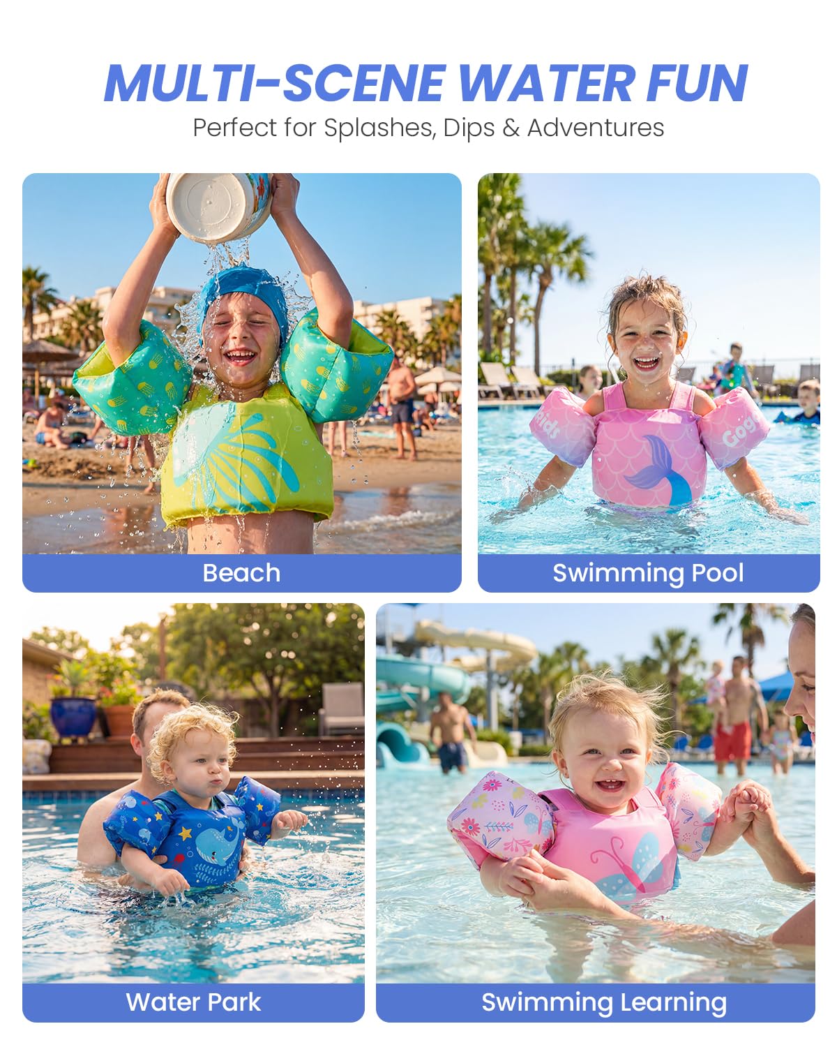 Gogokids toddler swimming float vest with arm bands and shoulder harness for kids aged 1-6 years, ideal for pool and beach.