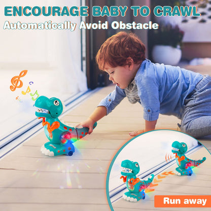 Colorful DINORUN crawling dinosaur toy with musical lights, designed for sensory play for babies and toddlers.