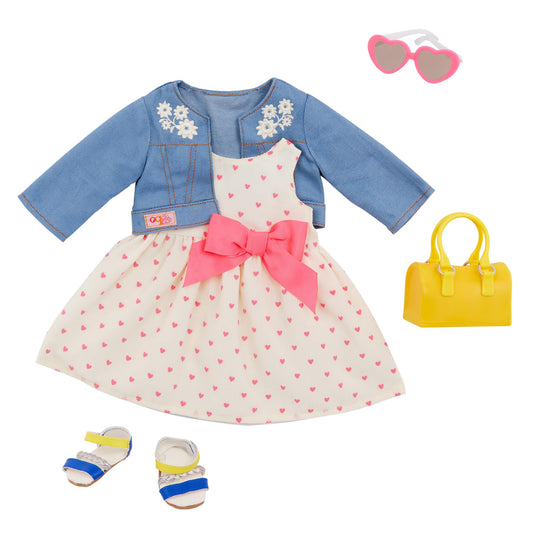 Deluxe jacket and dress combo outfit for 18-inch dolls, featuring bright colors and stylish accessories by Our Generation.