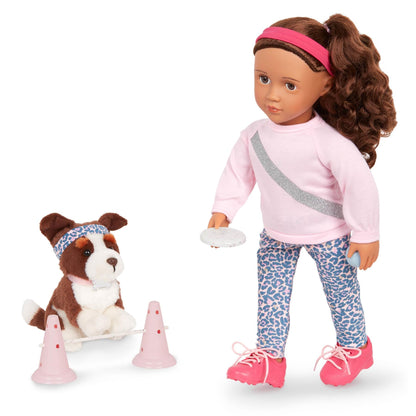 Our Generation Natalia doll with Nillie dog in agility training set, featuring accessories for imaginative kids' play.