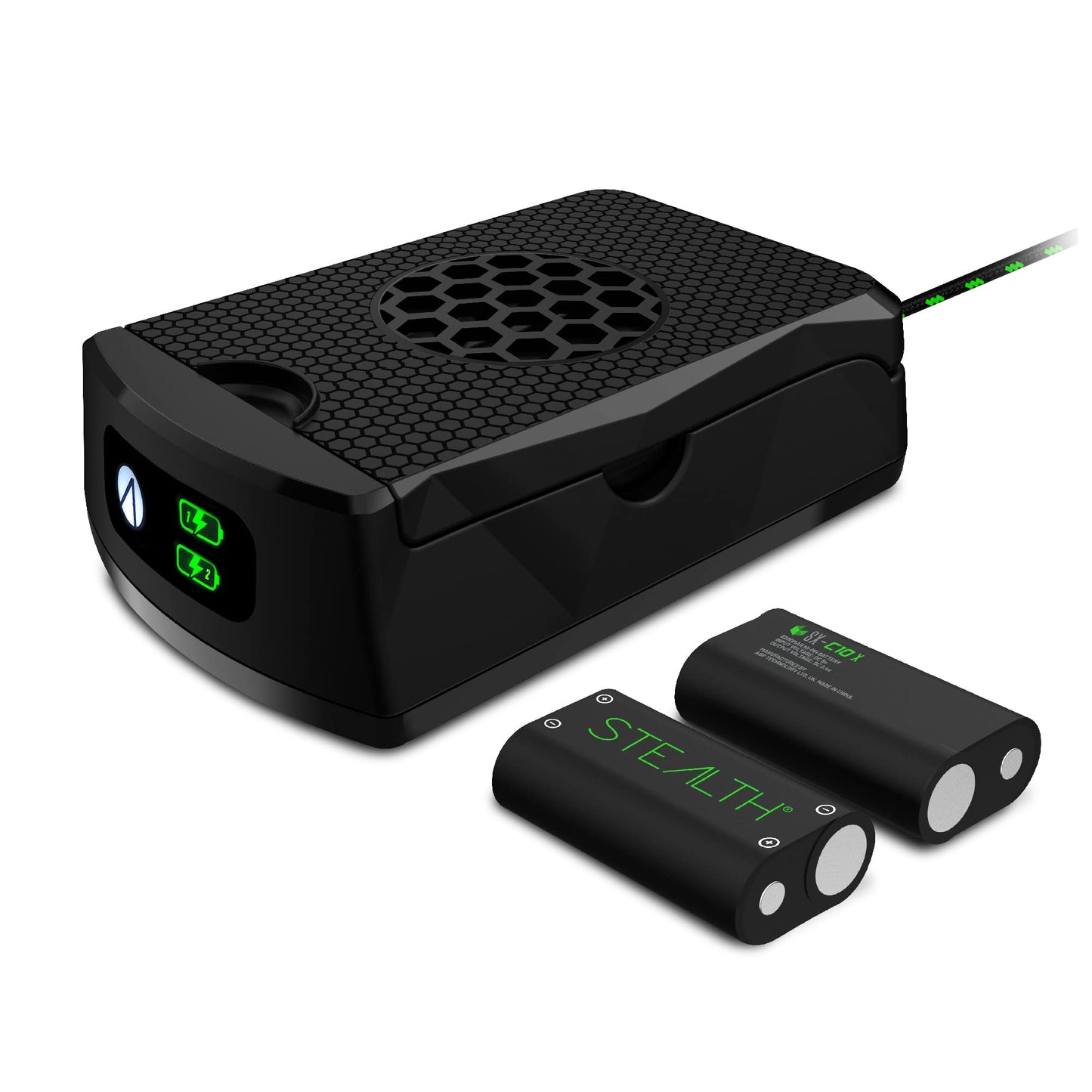 STEALTH SX-C10 X Twin Rechargeable Battery Packs for Xbox Series X, shown connected to gaming controllers.