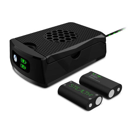 STEALTH SX-C10 X Twin Rechargeable Battery Packs for Xbox Series X, shown connected to gaming controllers.