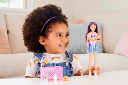 Barbie Skipper Babysitters Inc crib toy playset with Skipper doll, baby doll with sleepy eyes, furniture, and accessories.