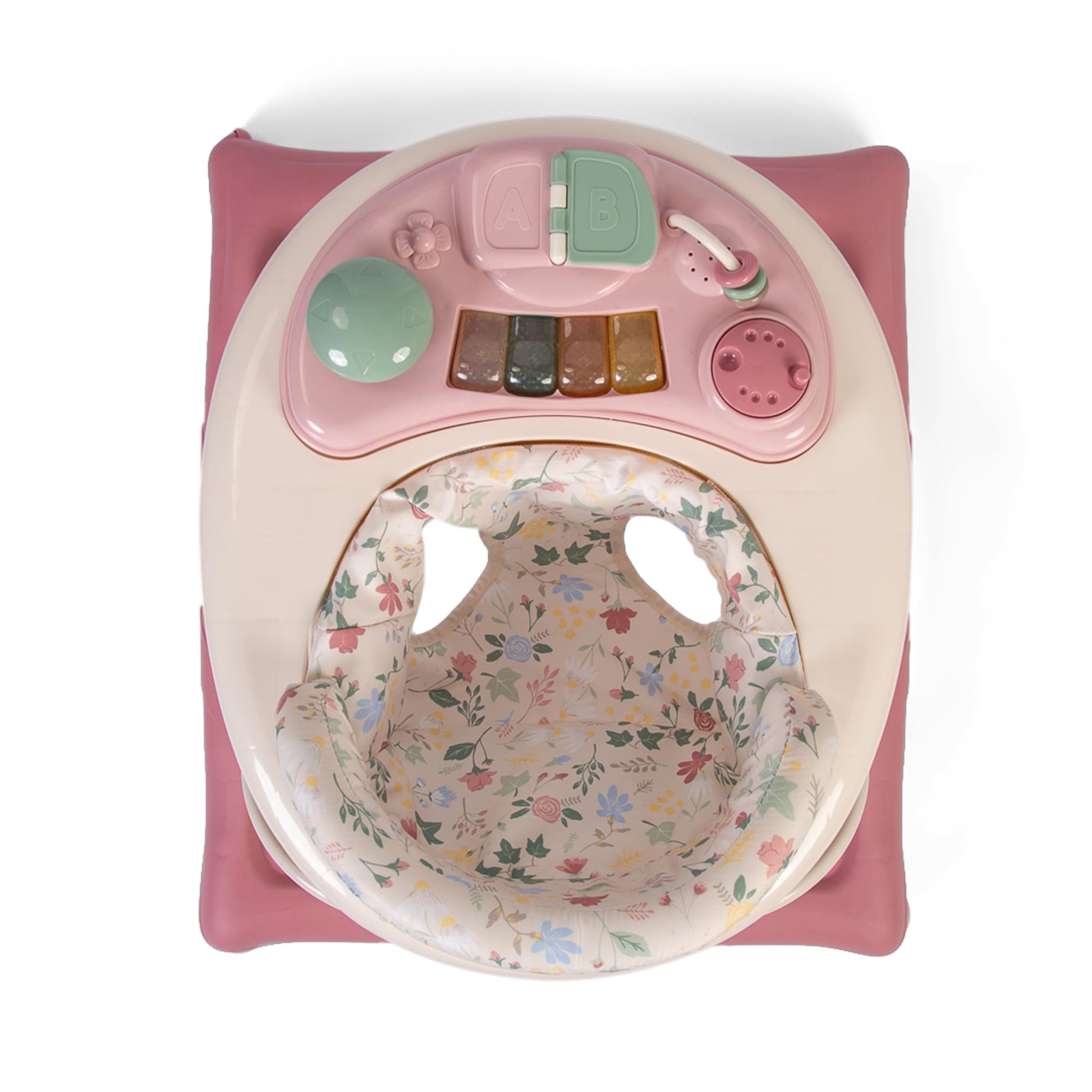 Red Kite Baby Go Round Jive electronic walker with interactive musical play tray, featuring red and pink rose and ivy design.
