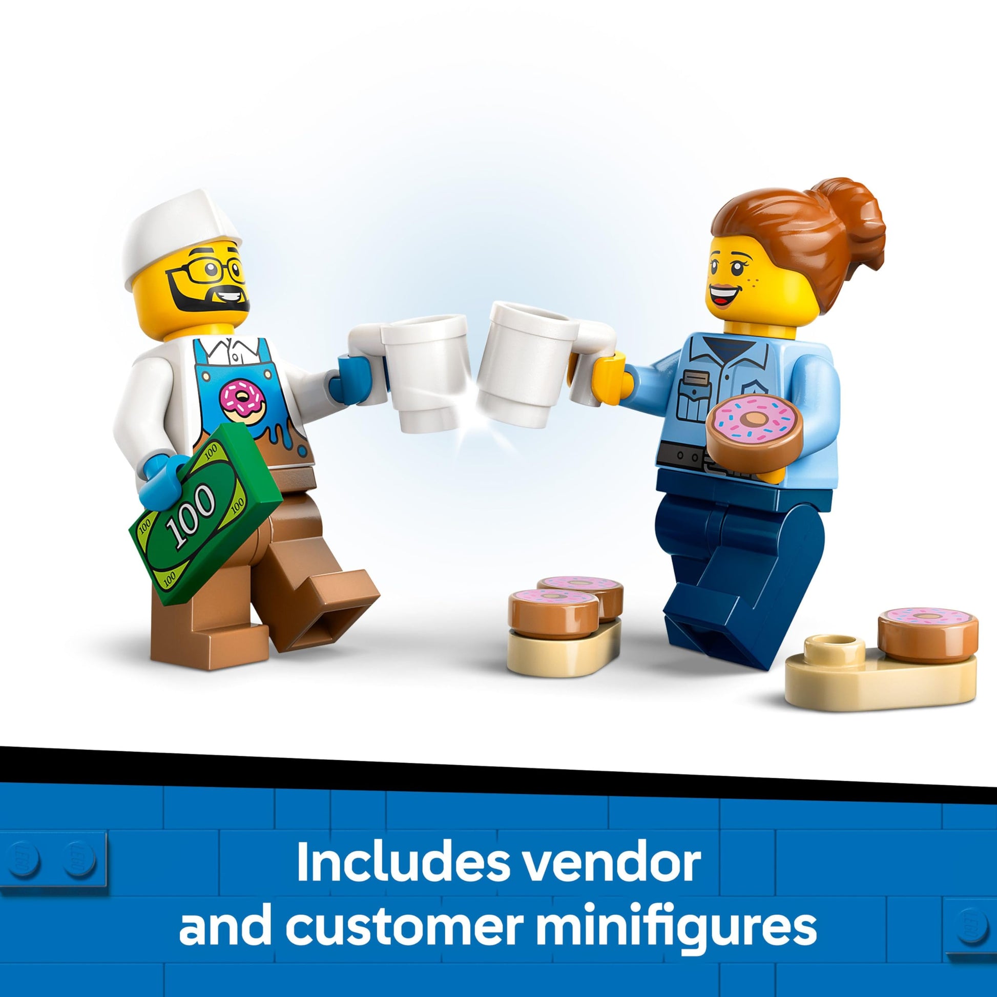 LEGO City donut truck toy featuring 2 minifigures, colorful mobile food stand, and various fun accessories for creative play.