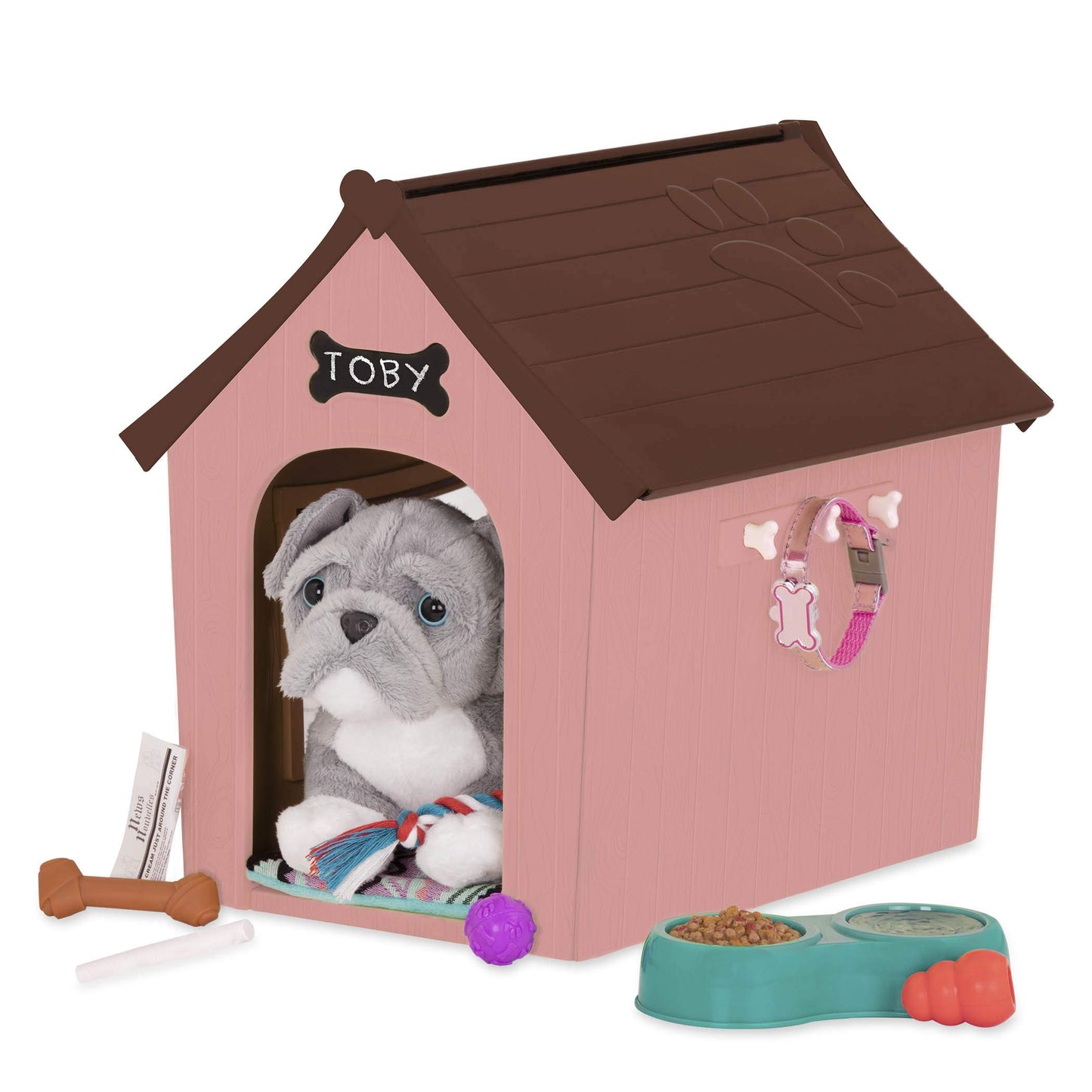 Our Generation OG Puppy House with customizable chalkboard sign and plush pups for 18-inch dolls in a cozy outdoor setting.