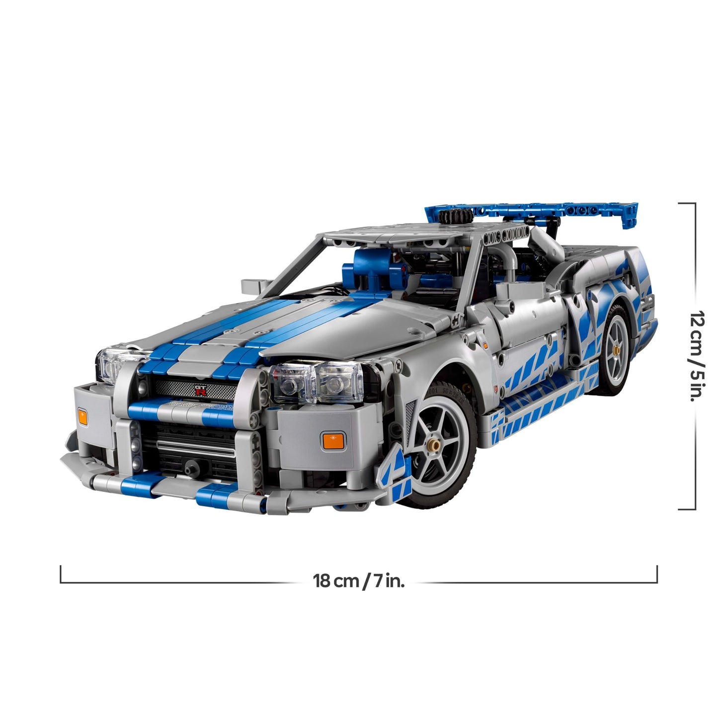 LEGO Technic Nissan Skyline GT-R (R34) car model kit with drift function, steering, and detailed 6-cylinder engine.