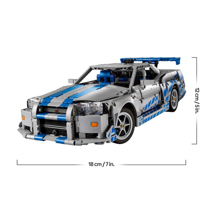 LEGO Technic Nissan Skyline GT-R (R34) car model kit with drift function, steering, and detailed 6-cylinder engine.