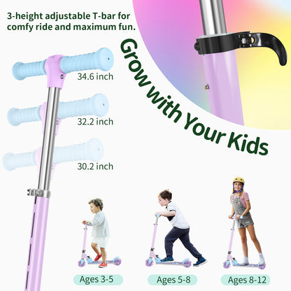 BELEEV V2 kids scooter with light-up wheels, adjustable height, non-slip deck, and foldable design for children ages 3-12.
