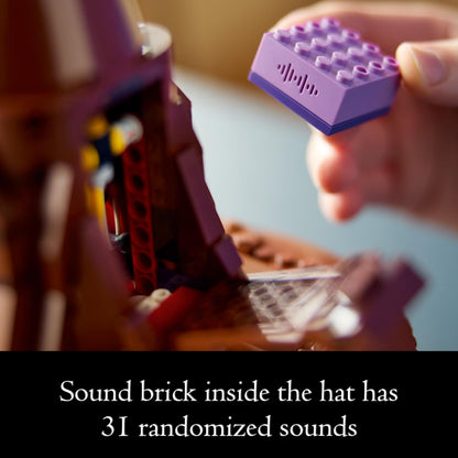 LEGO Harry Potter Talking Sorting Hat set with character minifigure, featuring 31 randomized sounds for adult builders.