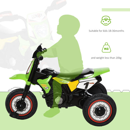 HOMCOM green toddler pedal motorcycle tricycle with music lights, stickers, and handlebar for kids aged 18-36 months.