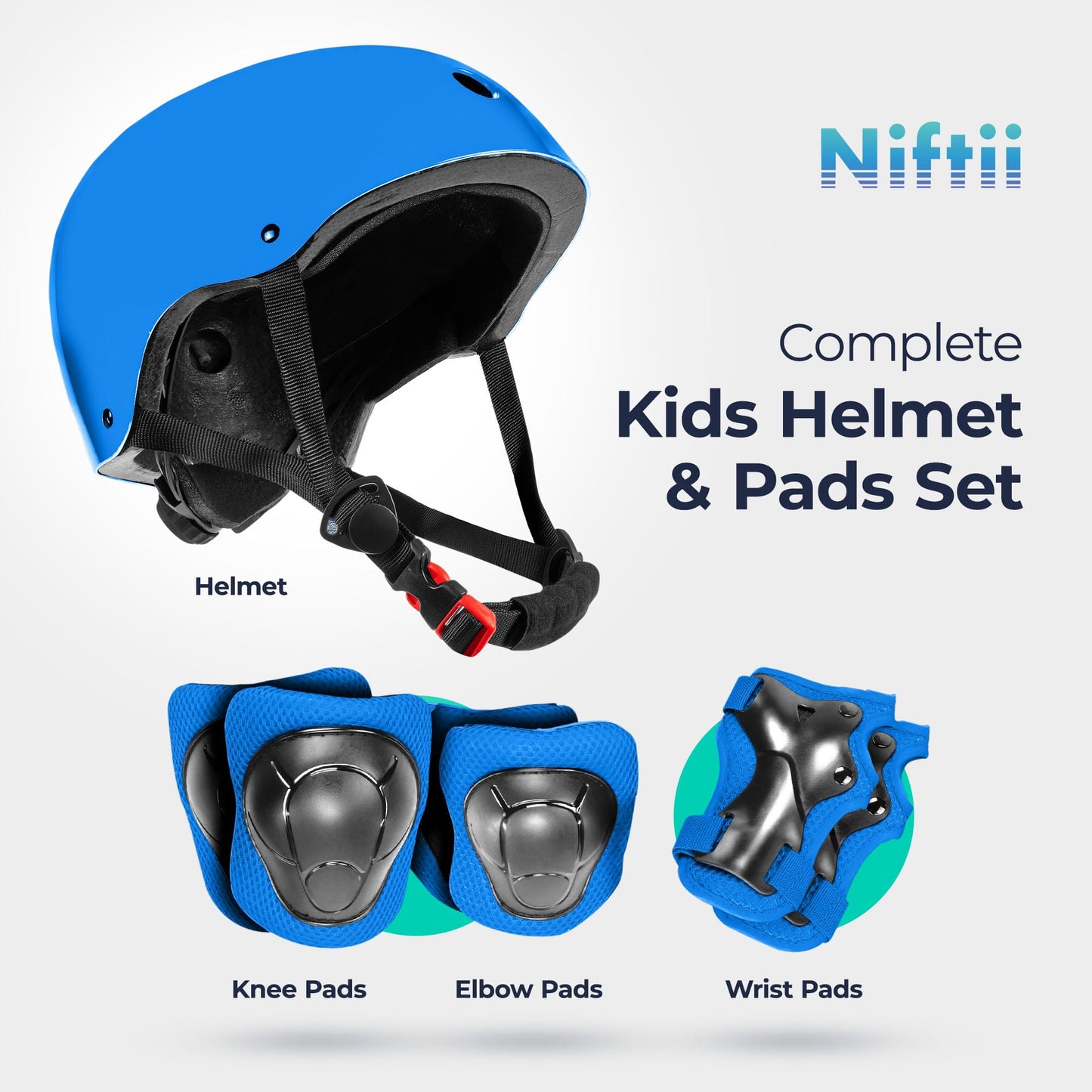 Niftii Kids Helmet with Pads - Adjustable Multi-Sport Complete Safety Gear for Cycling, Skateboarding & Scooting, Ideal for Boys & Girls Ages 3-15 Kids Bike Helmet Set, Blue