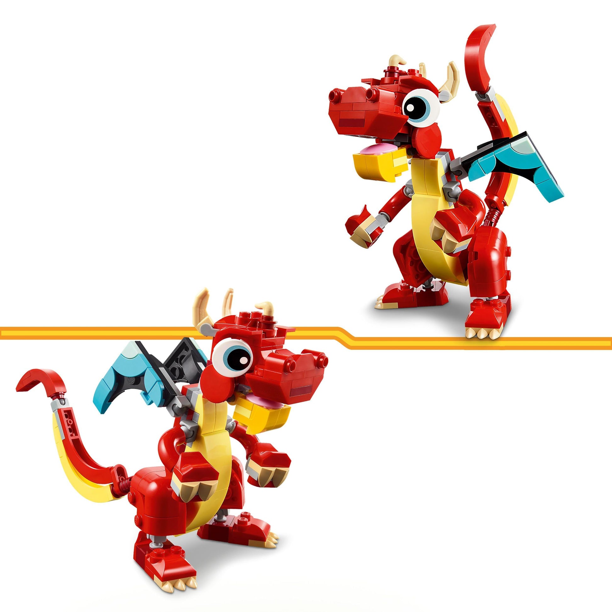 LEGO Creator 3in1 set featuring a red dragon, fish figure, and phoenix bird model for creative play.